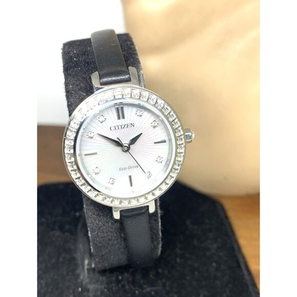 Citizen Women\'s Watch EM0860-51D Eco Drive Mother of Pearl Dial Black Leather